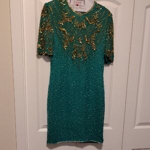 Teal and Gold Embellished Knee-length Dress.